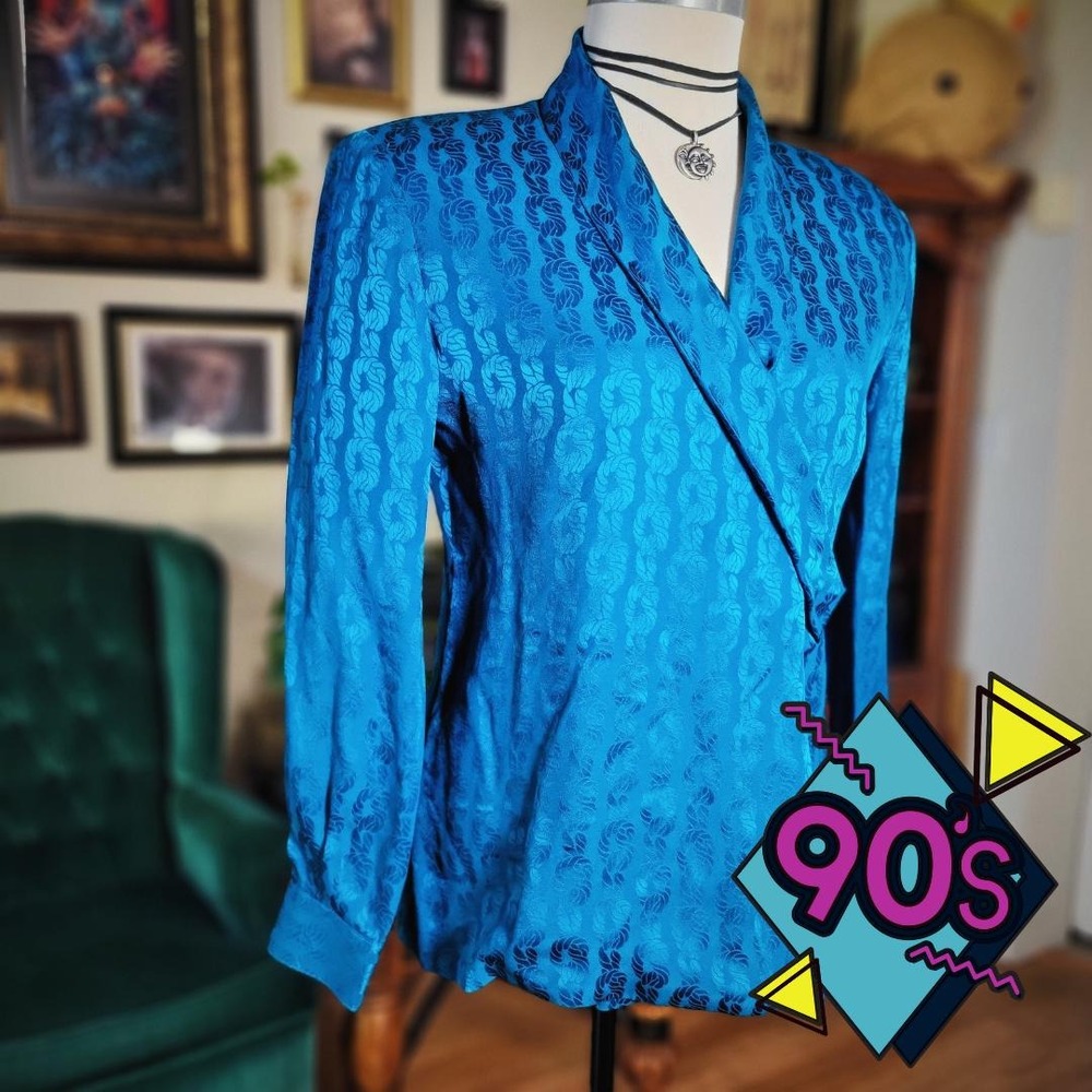 Nordstrom Town Square Blouse Top Blue Jacquard Vintage 90s Wrap Silk‎ Retro 4